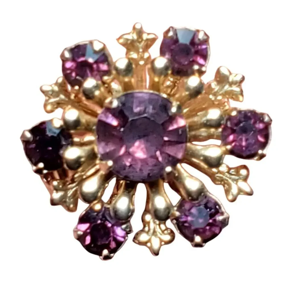 Starburst Scatter Brooch Purple Rhinestones Gold Tone Riveted Back 1/2